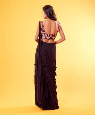 Navy Blue Colourful Thread Embroidered Blouse & Tiered Saree With Embroidered Potli Bag 3