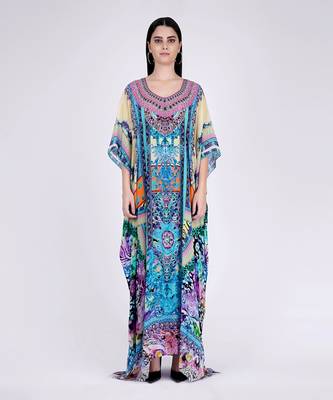 Blue And Pink Abstract Embellished Silk Full Length Kaftan 1