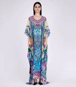 Blue And Pink Abstract Embellished Silk Full Length Kaftan