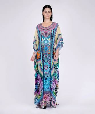 Blue And Pink Abstract Embellished Silk Full Length Kaftan 2