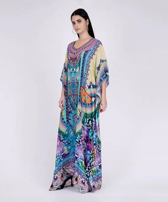 Blue And Pink Abstract Embellished Silk Full Length Kaftan 3