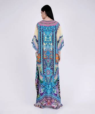 Blue And Pink Abstract Embellished Silk Full Length Kaftan 4