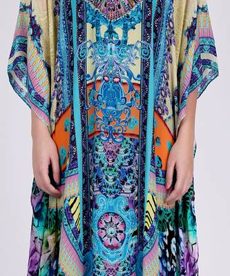 Blue And Pink Abstract Embellished Silk Full Length Kaftan 5
