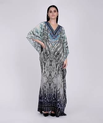 Grey And White Python Print Embellished Silk Full Length Kaftan 1