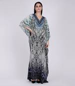 Grey And White Python Print Embellished Silk Full Length Kaftan