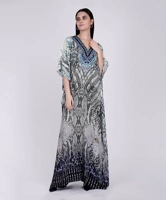 Grey And White Python Print Embellished Silk Full Length Kaftan 2