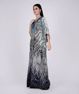 Grey And White Python Print Embellished Silk Full Length Kaftan 3