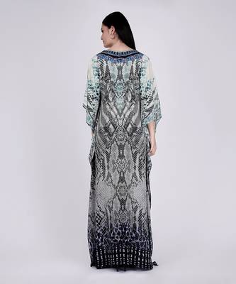 Grey And White Python Print Embellished Silk Full Length Kaftan 4