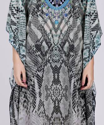 Grey And White Python Print Embellished Silk Full Length Kaftan 5