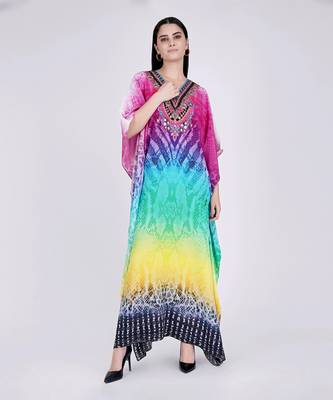 Multicoloured Python Print Embellished Silk Full Length Kaftan 1