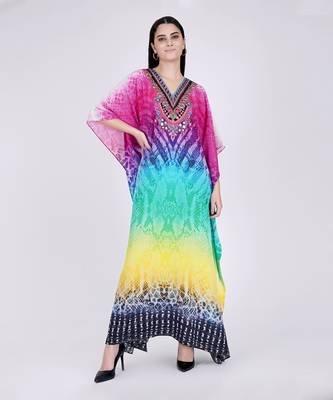 Multicoloured Python Print Embellished Silk Full Length Kaftan 2