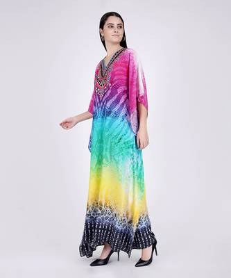 Multicoloured Python Print Embellished Silk Full Length Kaftan 4