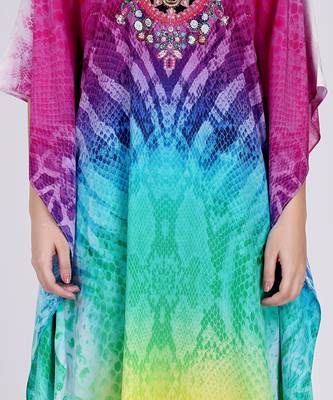 Multicoloured Python Print Embellished Silk Full Length Kaftan 6