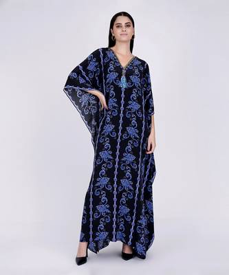 Black And Blue Embellished Silk Full Length Kaftan 1