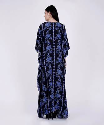 Black And Blue Embellished Silk Full Length Kaftan 3