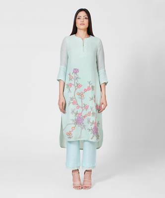 Sea Green Applique Embroidered Kurta Set 4