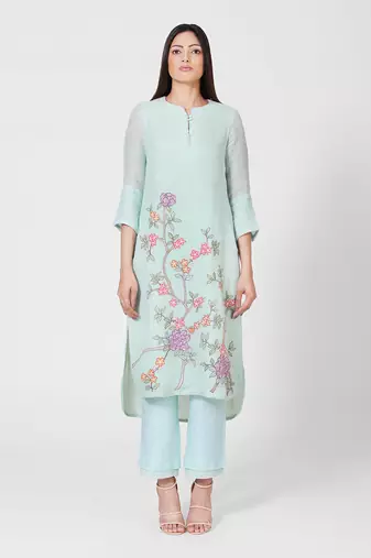 Sea Green Applique Embroidered Kurta Set
