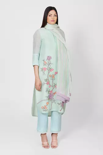 Sea Green Applique Embroidered Kurta Set