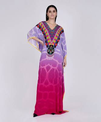 Mauve And Fuschia Ombre Print Embellished Silk Full Length Kaftan 1