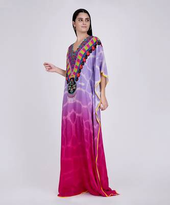 Mauve And Fuschia Ombre Print Embellished Silk Full Length Kaftan 2