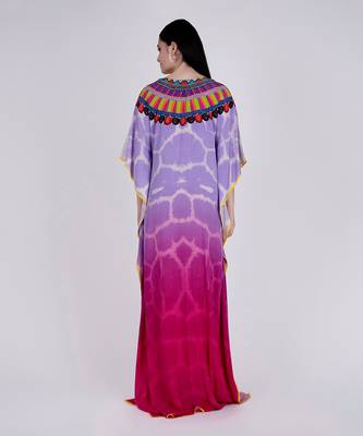 Mauve And Fuschia Ombre Print Embellished Silk Full Length Kaftan 3