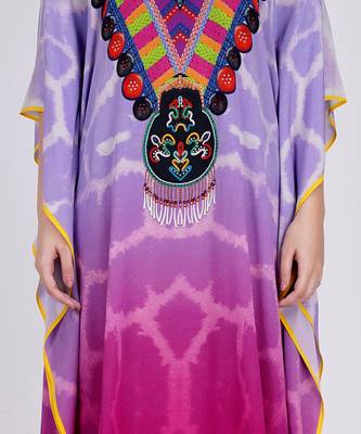 Mauve And Fuschia Ombre Print Embellished Silk Full Length Kaftan 4
