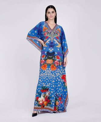 Blue And Orange Floral Print Embellished Silk Full Length Kaftan 1