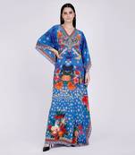 Blue And Orange Floral Print Embellished Silk Full Length Kaftan