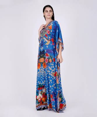 Blue And Orange Floral Print Embellished Silk Full Length Kaftan 2