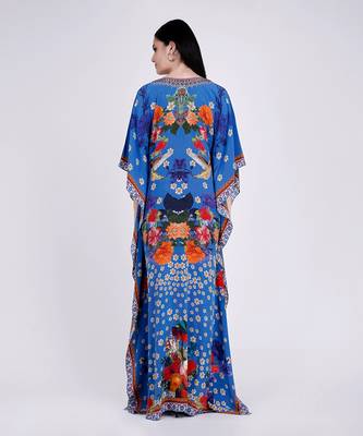 Blue And Orange Floral Print Embellished Silk Full Length Kaftan 3