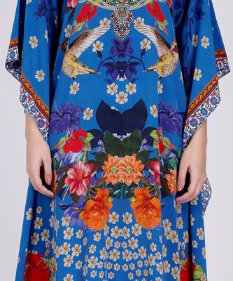 Blue And Orange Floral Print Embellished Silk Full Length Kaftan 4