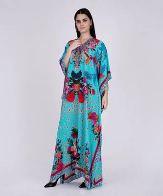 Blue And Pink Floral Print Embellished Silk Full Length Kaftan 2