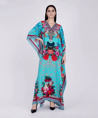 Blue And Pink Floral Print Embellished Silk Full Length Kaftan 1