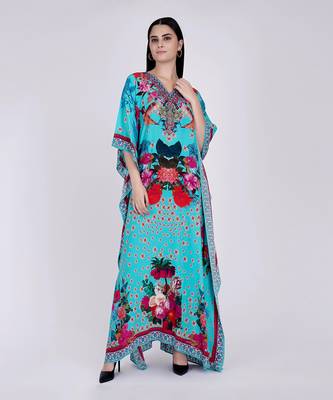 Blue And Pink Floral Print Embellished Silk Full Length Kaftan 3
