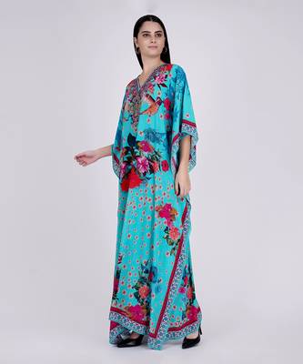 Blue And Pink Floral Print Embellished Silk Full Length Kaftan 4