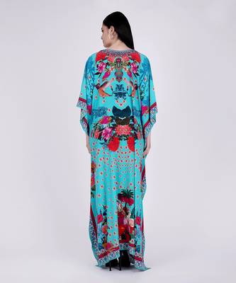 Blue And Pink Floral Print Embellished Silk Full Length Kaftan 5
