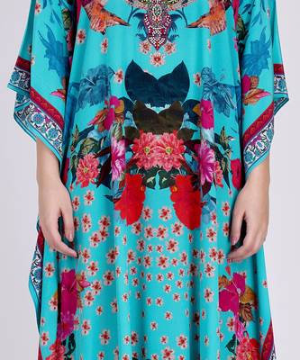 Blue And Pink Floral Print Embellished Silk Full Length Kaftan 6