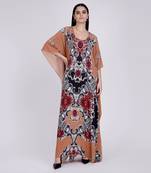 Peach And Black Baroque Print Embellished Silk Full Length Kaftan