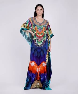 Yellow And Blue Tribal Embellished Silk Full Length Kaftan 1