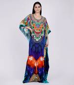 Yellow And Blue Tribal Embellished Silk Full Length Kaftan