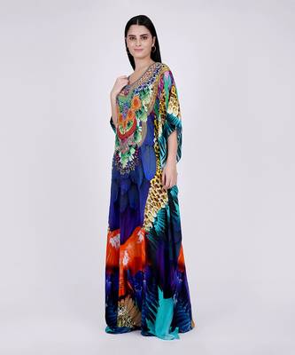 Yellow And Blue Tribal Embellished Silk Full Length Kaftan 2