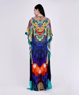 Yellow And Blue Tribal Embellished Silk Full Length Kaftan 3