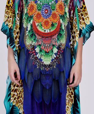 Yellow And Blue Tribal Embellished Silk Full Length Kaftan 4