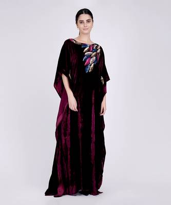 Wine Embroidered Silk Velvet Full Length Kaftan 2
