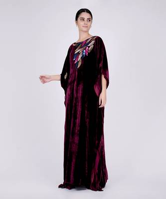 Wine Embroidered Silk Velvet Full Length Kaftan 3