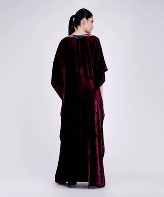 Wine Embroidered Silk Velvet Full Length Kaftan 4