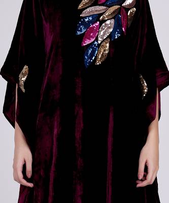 Wine Embroidered Silk Velvet Full Length Kaftan 5
