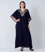 Blue Gold Embroidered Silk Velvet Full Length Kaftan