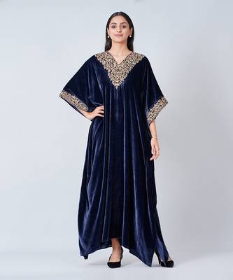 Blue Embroidered Silk Velvet Full Length Kaftan 1