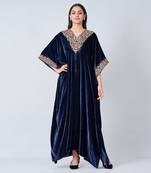 Blue Embroidered Silk Velvet Full Length Kaftan